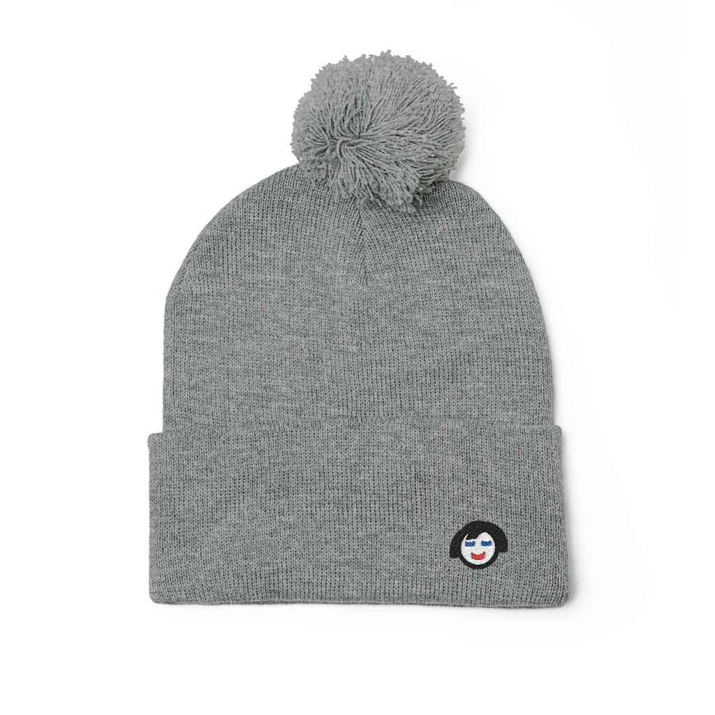 Cat Face Embroidery Beanie | Pom-Pom Knit Cap, Grey Fold-Over Cuff