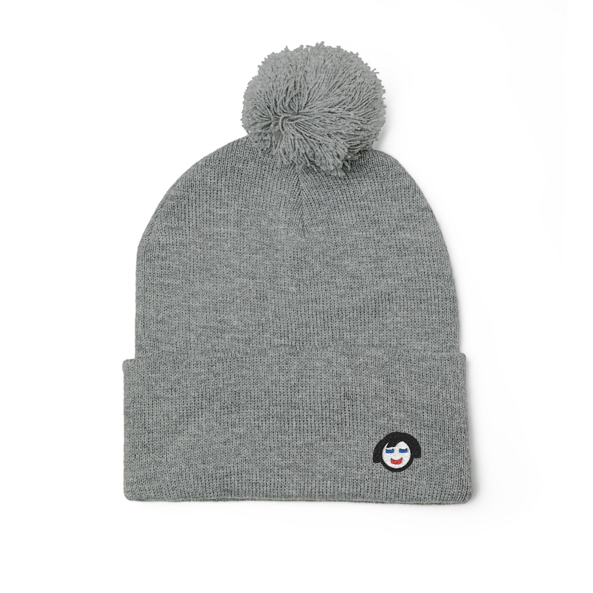 Cat Face Embroidery Beanie | Pom-Pom Knit Cap, Grey Fold-Over Cuff