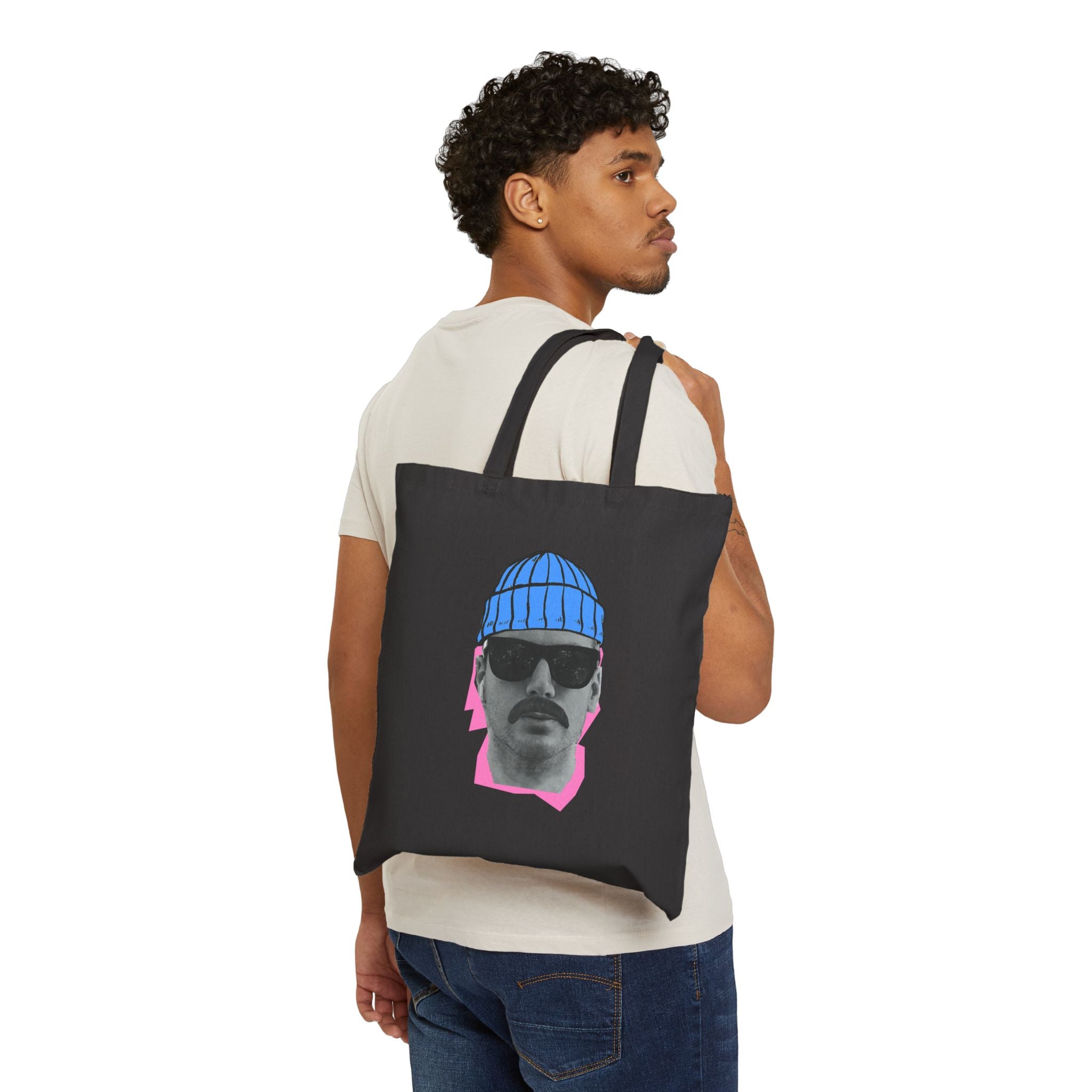 Bearded Man with Beanie Tote Bag | Retro Portrait, Sunglasses, Minimal Art