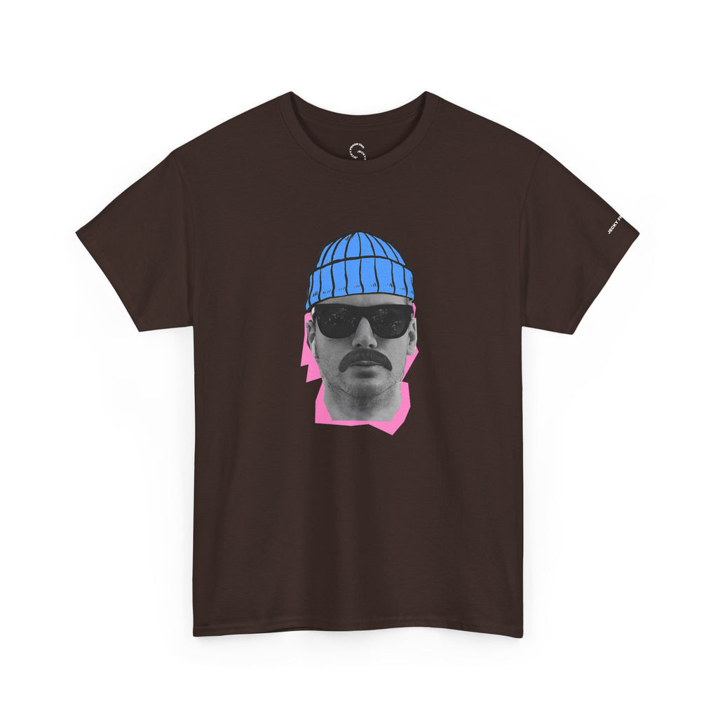 JF Mustached Man with BLU Beanie T-Shirt | Retro Portrait, Sunglasses, Vaporwave Accent