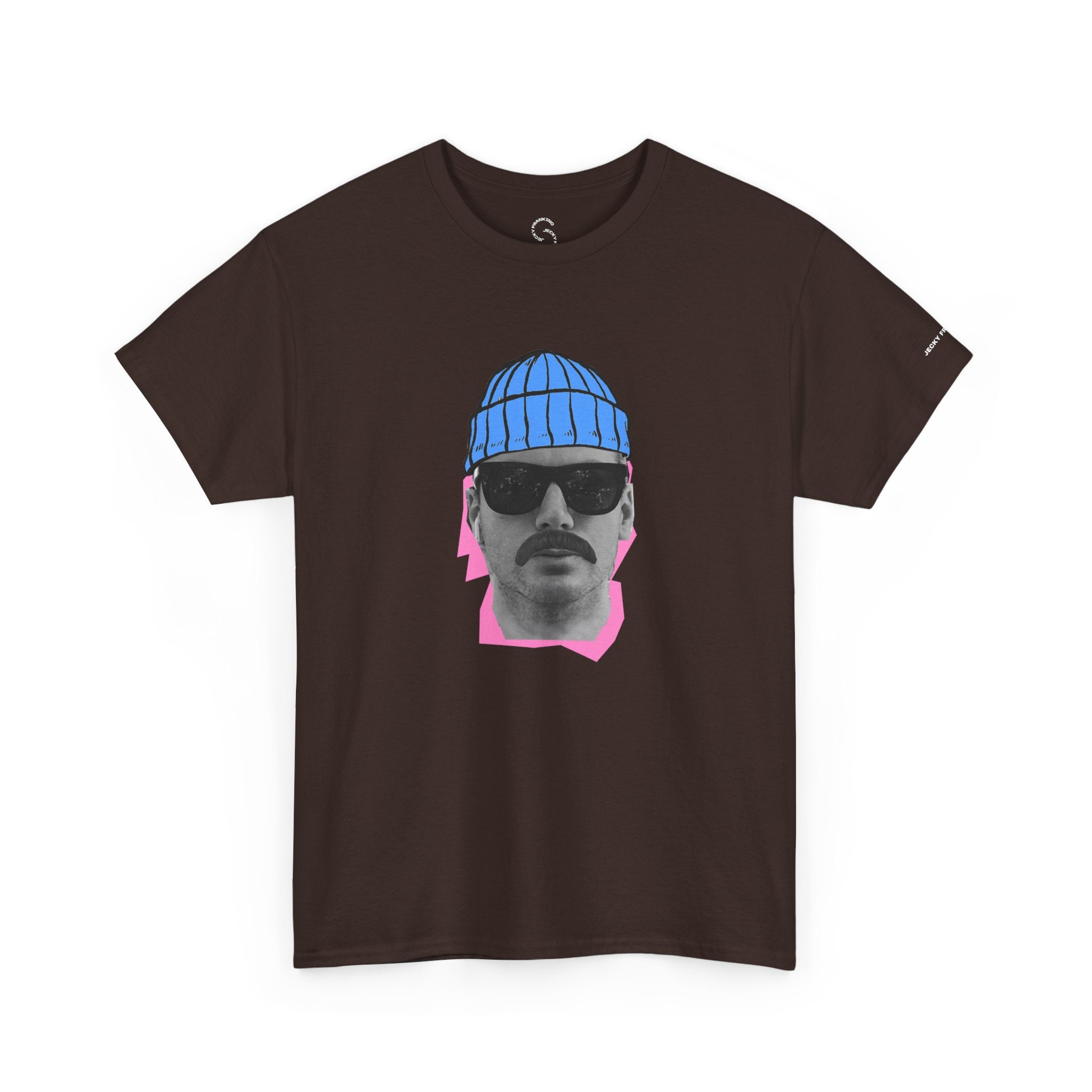 JF Mustached Man with BLU Beanie T-Shirt | Retro Portrait, Sunglasses, Vaporwave Accent