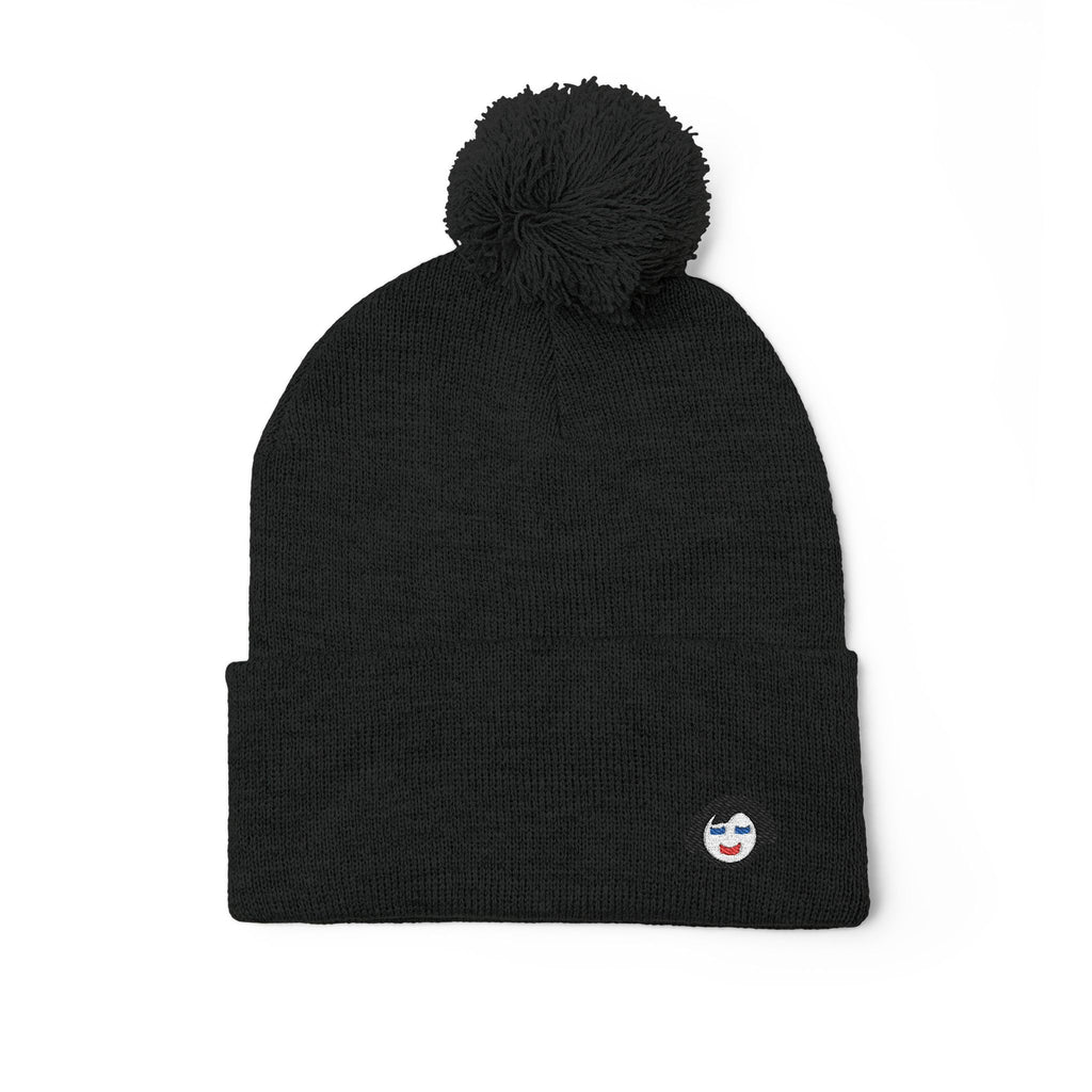 Cat Face Embroidery Beanie | Pom-Pom Knit Cap, Grey Fold-Over Cuff