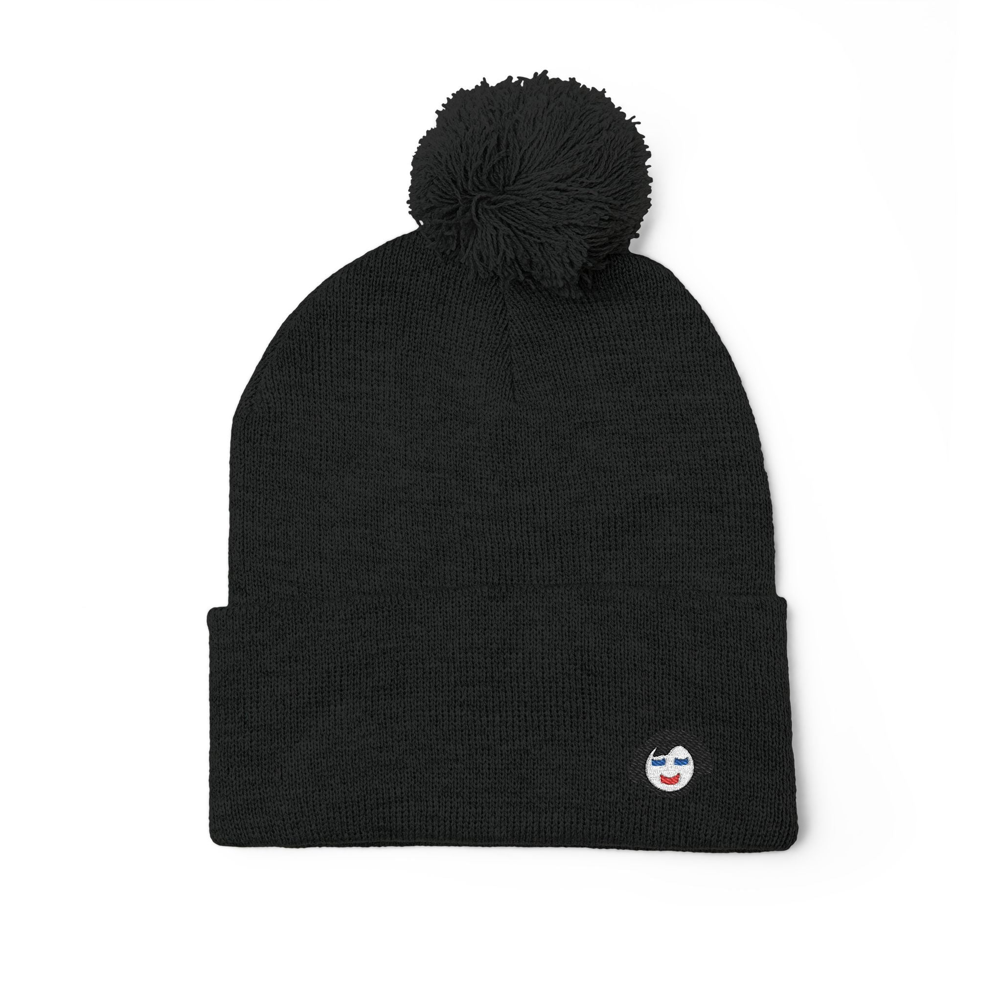 Cat Face Embroidery Beanie | Pom-Pom Knit Cap, Grey Fold-Over Cuff