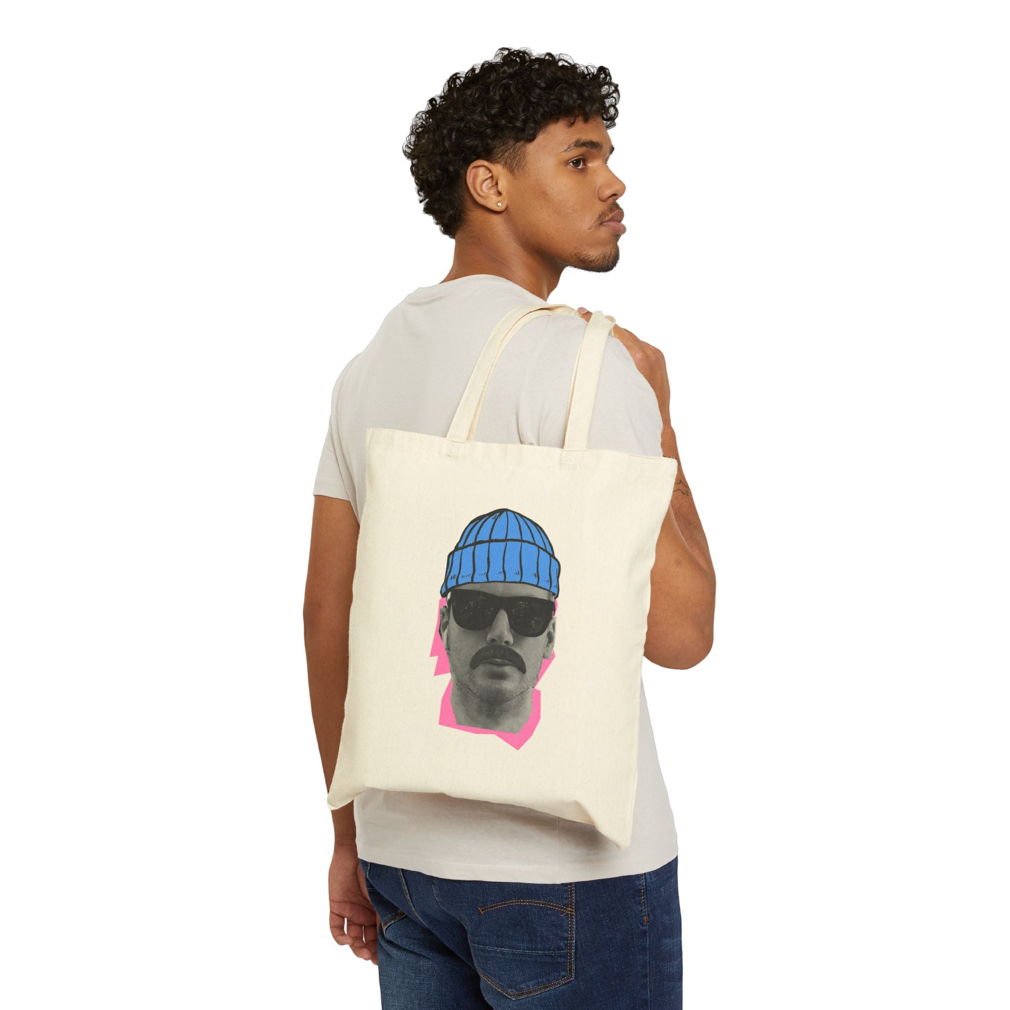 Bearded Man with Beanie Tote Bag | Retro Portrait, Sunglasses, Minimal Art