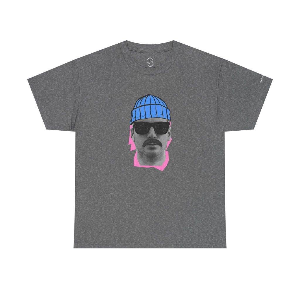 JF Mustached Man with BLU Beanie T-Shirt | Retro Portrait, Sunglasses, Vaporwave Accent