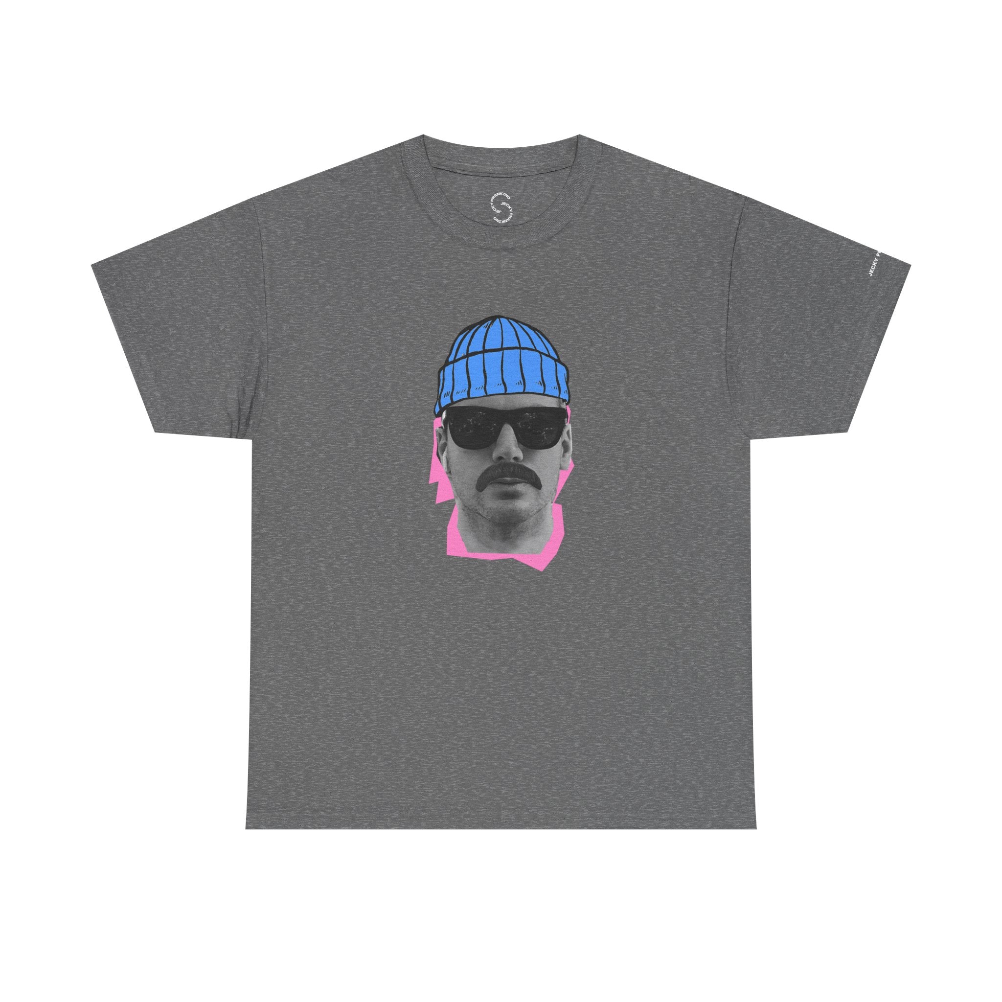 JF Mustached Man with BLU Beanie T-Shirt | Retro Portrait, Sunglasses, Vaporwave Accent