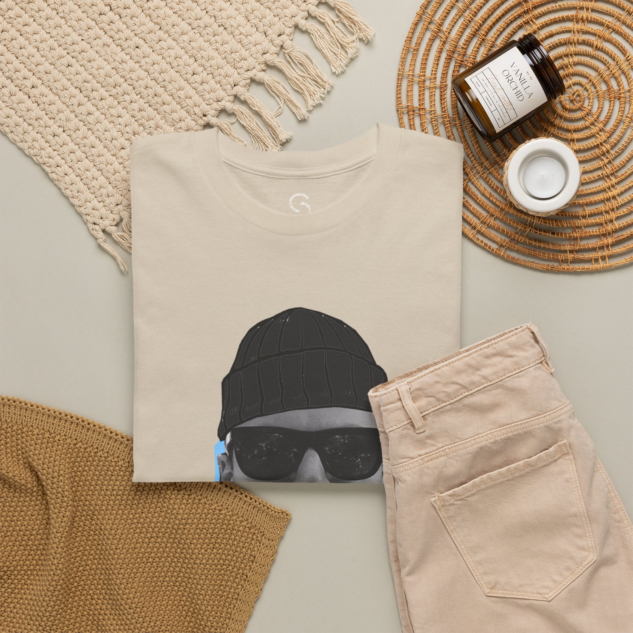 JECKY BLACK Beanie  Man  T-Shirt | Retro Portrait, Sunglasses, Vaporwave Accent