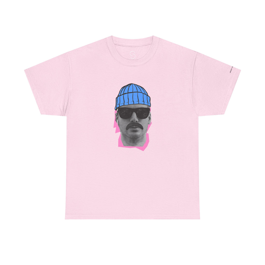 JF Mustached Man with BLU Beanie T-Shirt | Retro Portrait, Sunglasses, Vaporwave Accent