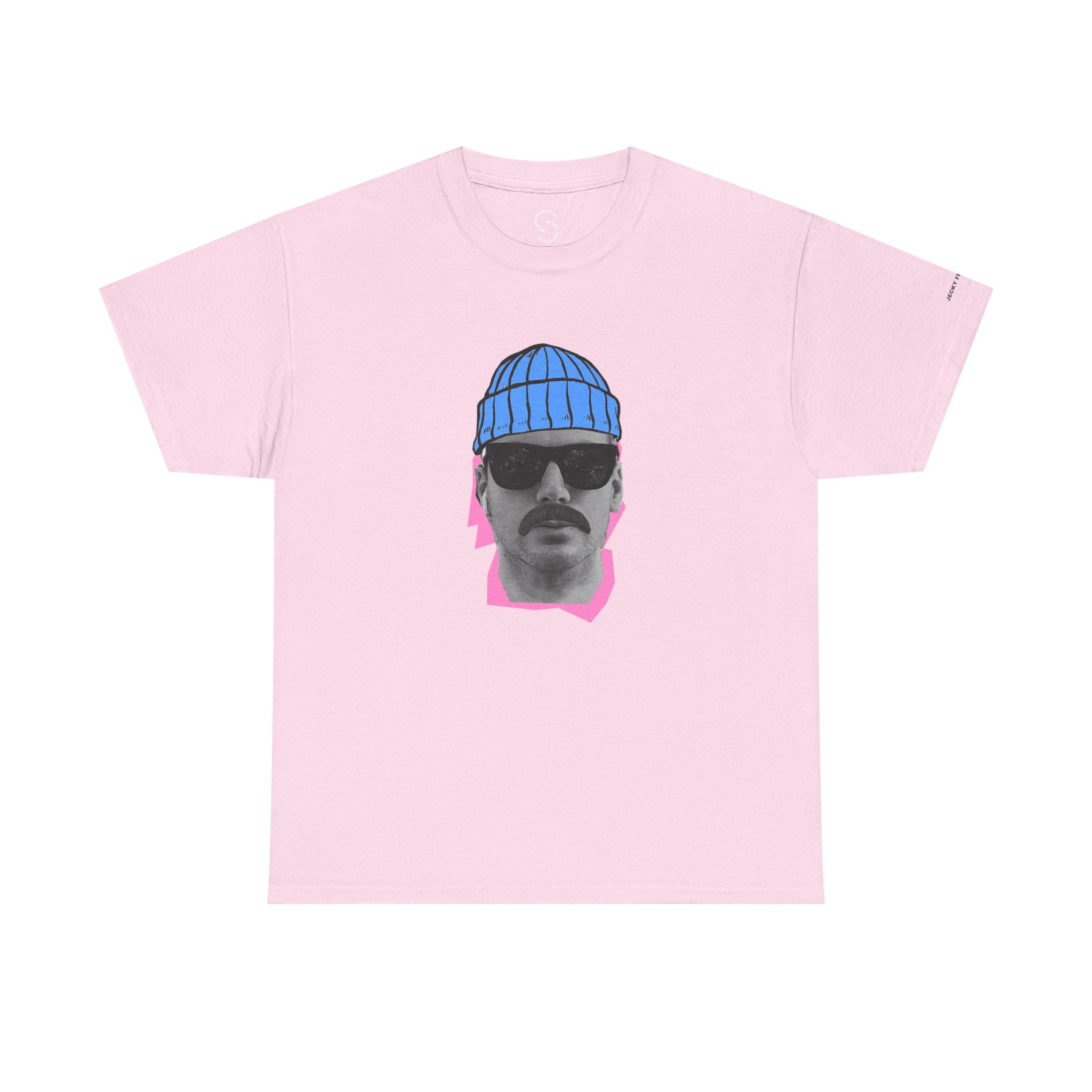 JF Mustached Man with BLU Beanie T-Shirt | Retro Portrait, Sunglasses, Vaporwave Accent