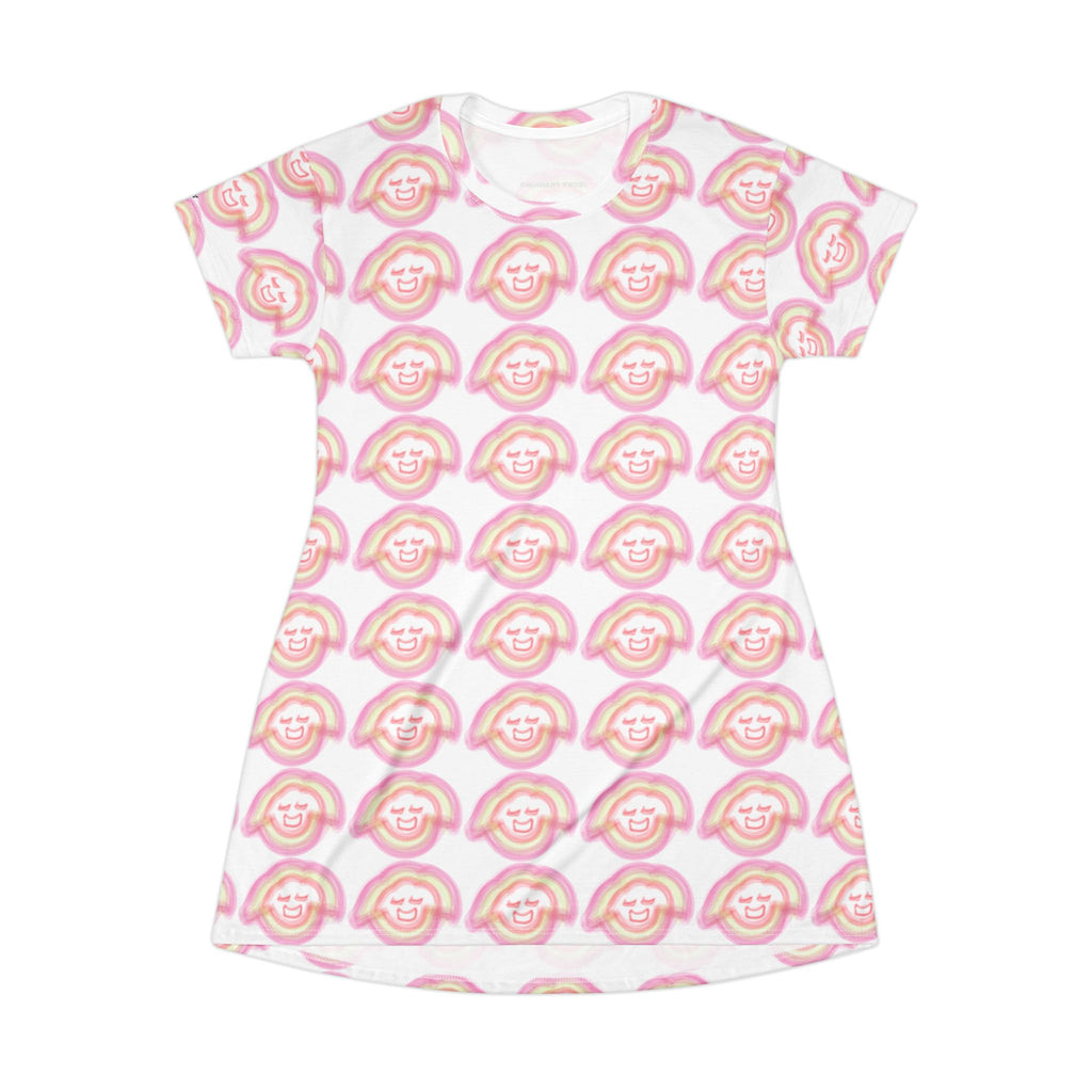 Smiling Rainbow Pattern T-Shirt Dress | Pink All-Over Print