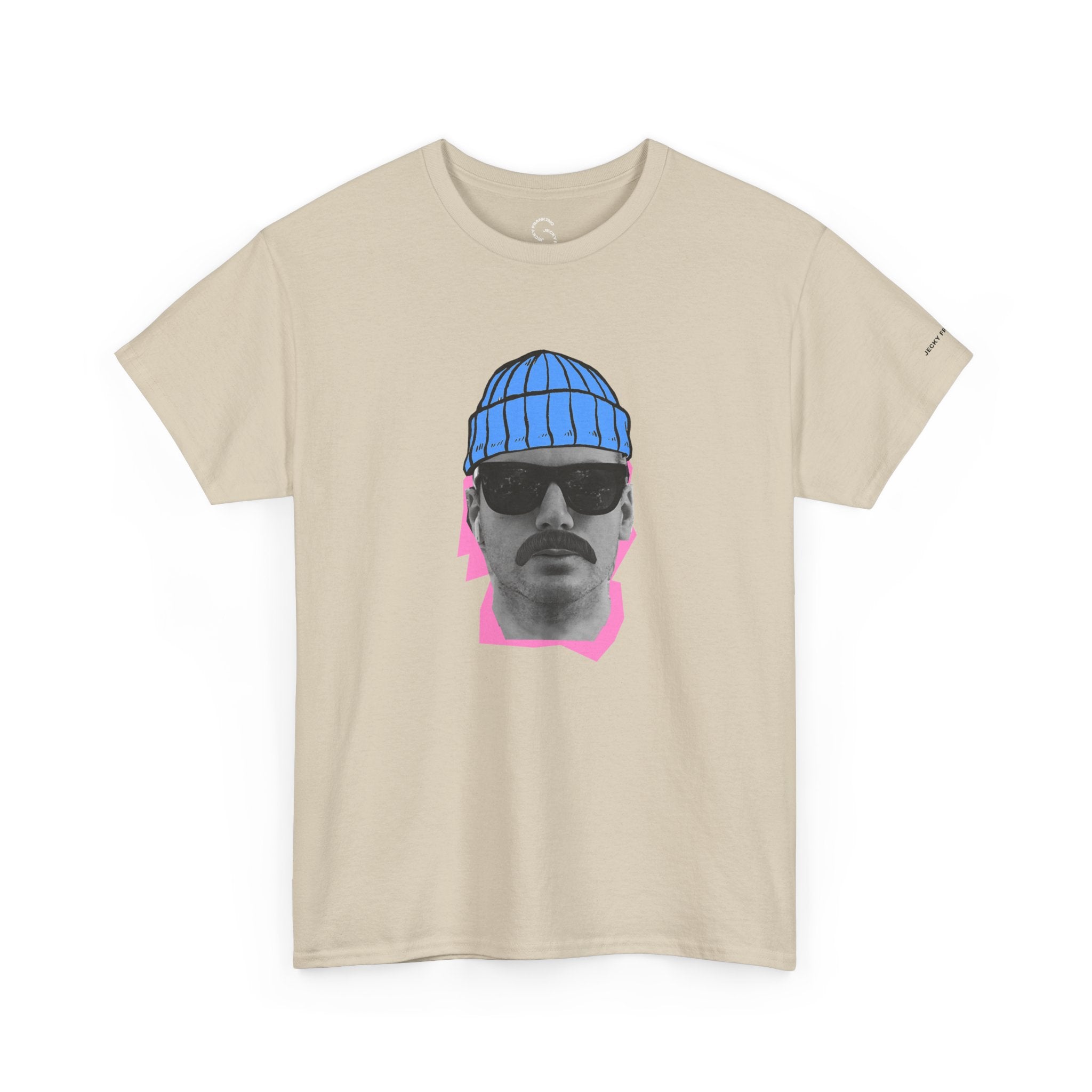 JF Mustached Man with BLU Beanie T-Shirt | Retro Portrait, Sunglasses, Vaporwave Accent