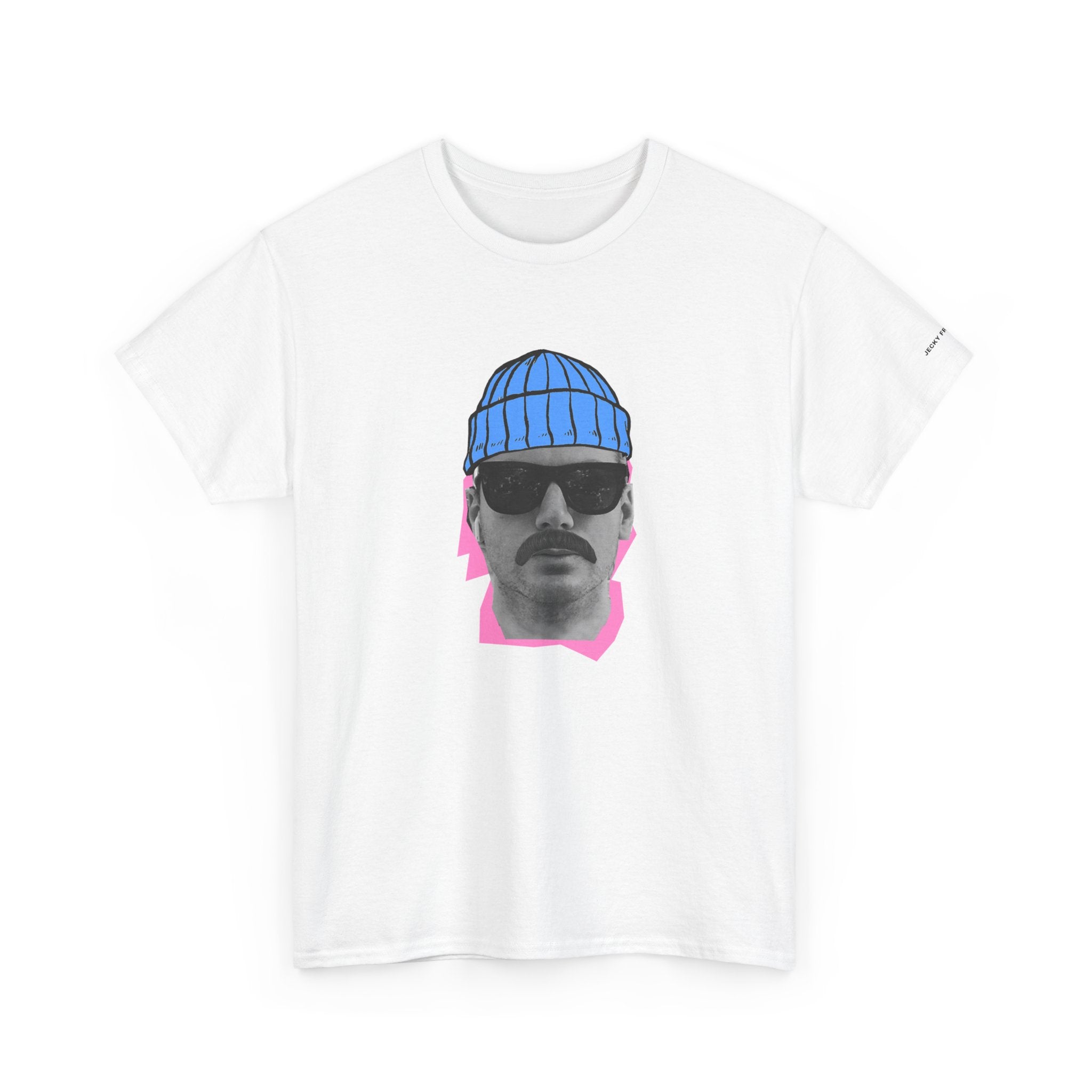 JF Mustached Man with BLU Beanie T-Shirt | Retro Portrait, Sunglasses, Vaporwave Accent
