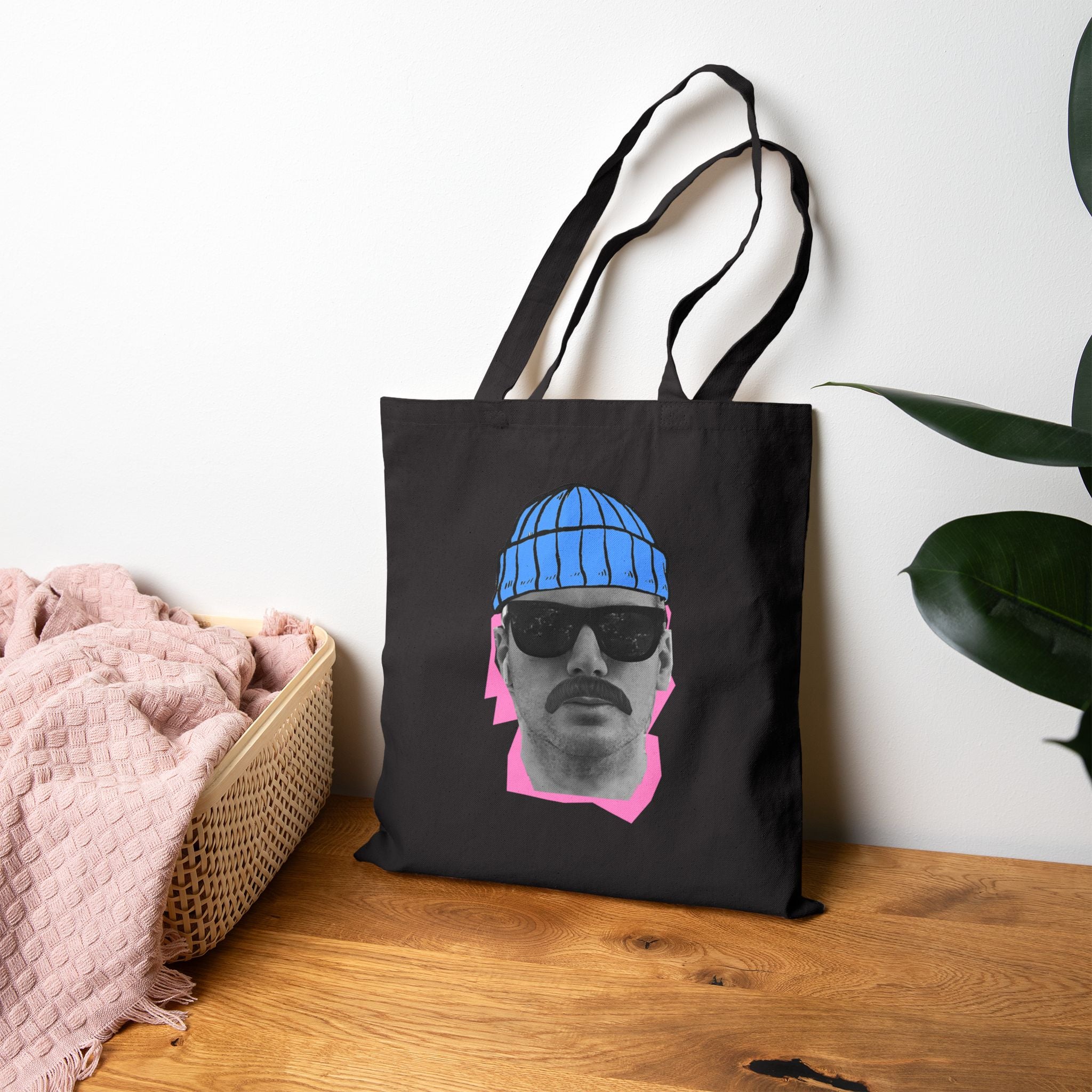 Bearded Man with Beanie Tote Bag | Retro Portrait, Sunglasses, Minimal Art