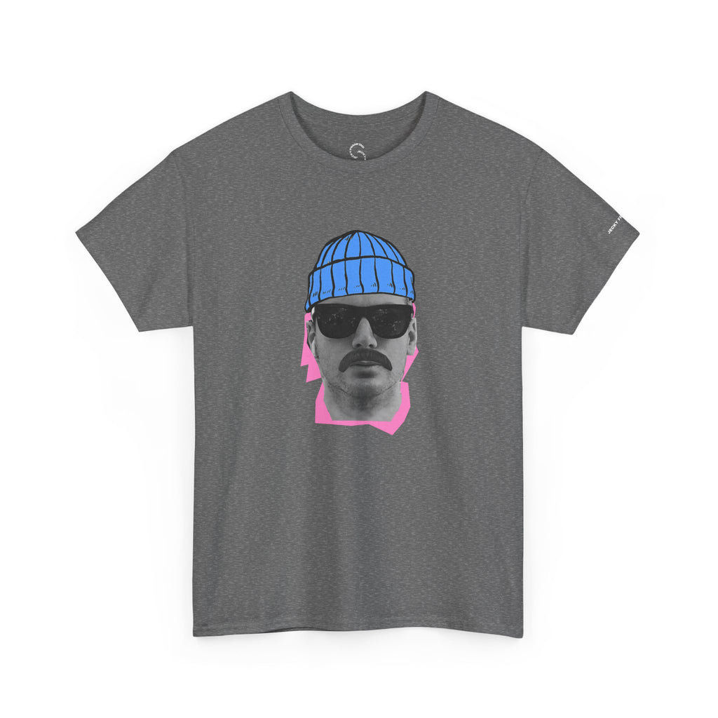 JF Mustached Man with BLU Beanie T-Shirt | Retro Portrait, Sunglasses, Vaporwave Accent