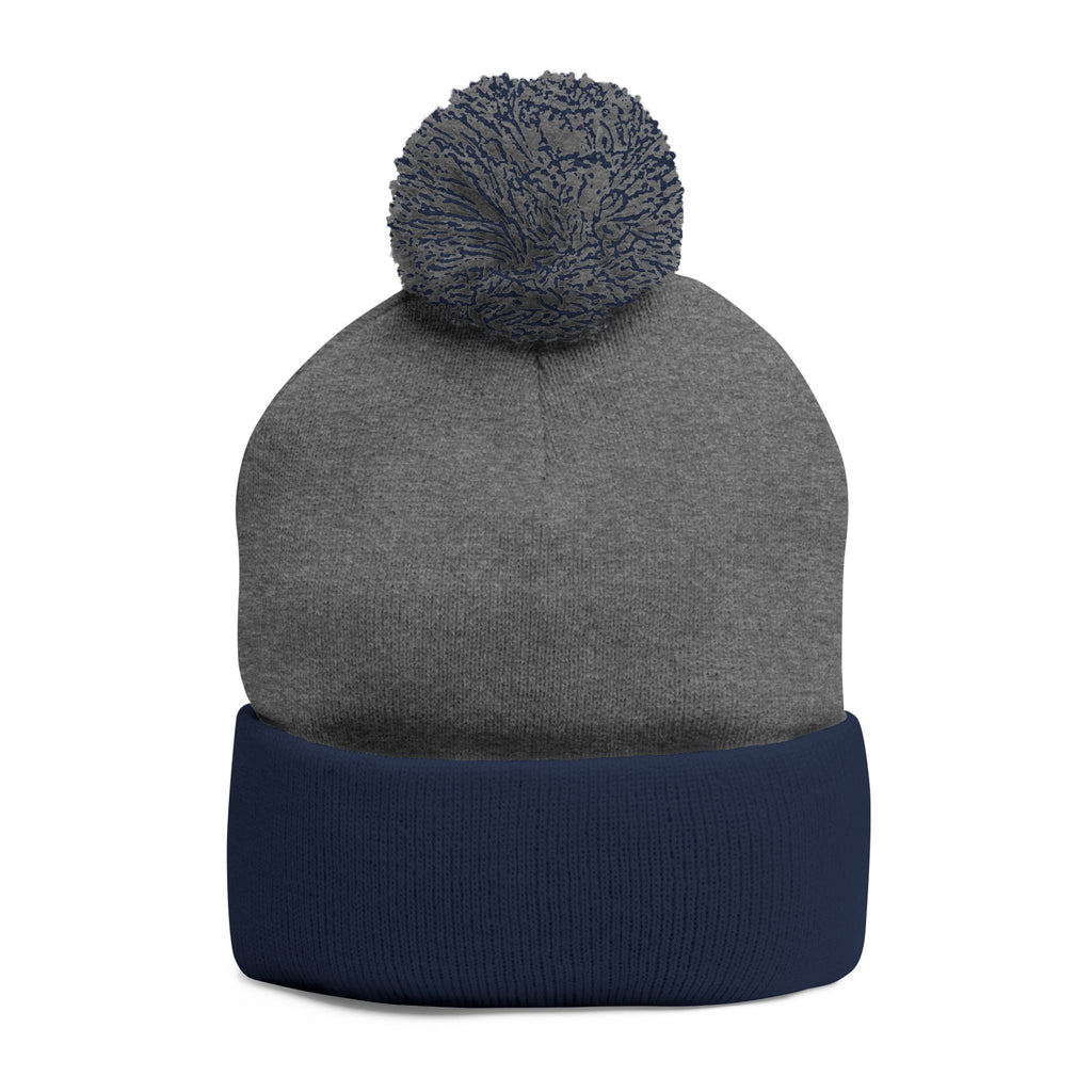 Cat Face Embroidery Beanie | Pom-Pom Knit Cap, Grey Fold-Over Cuff