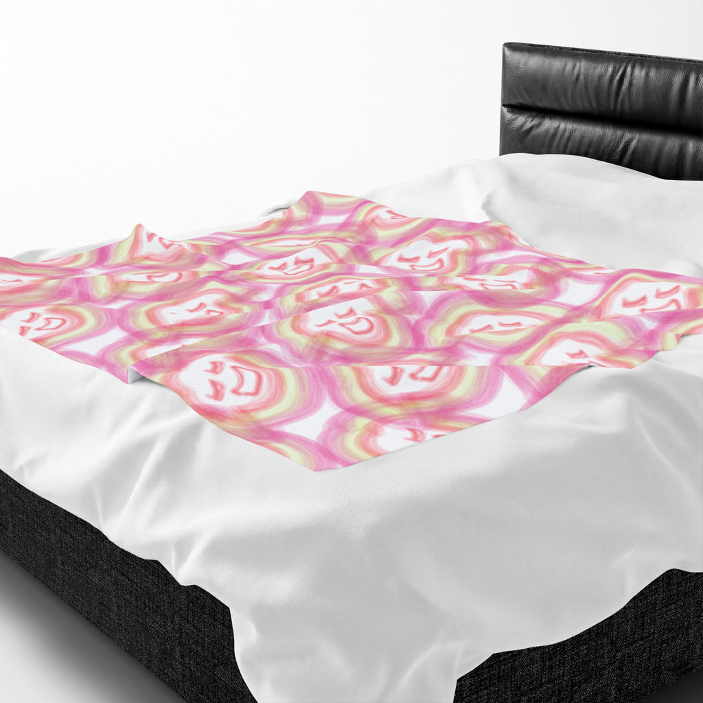 Smiling Rainbow Faces Velveteen Plush Blanket | Pink Watercolor Pattern