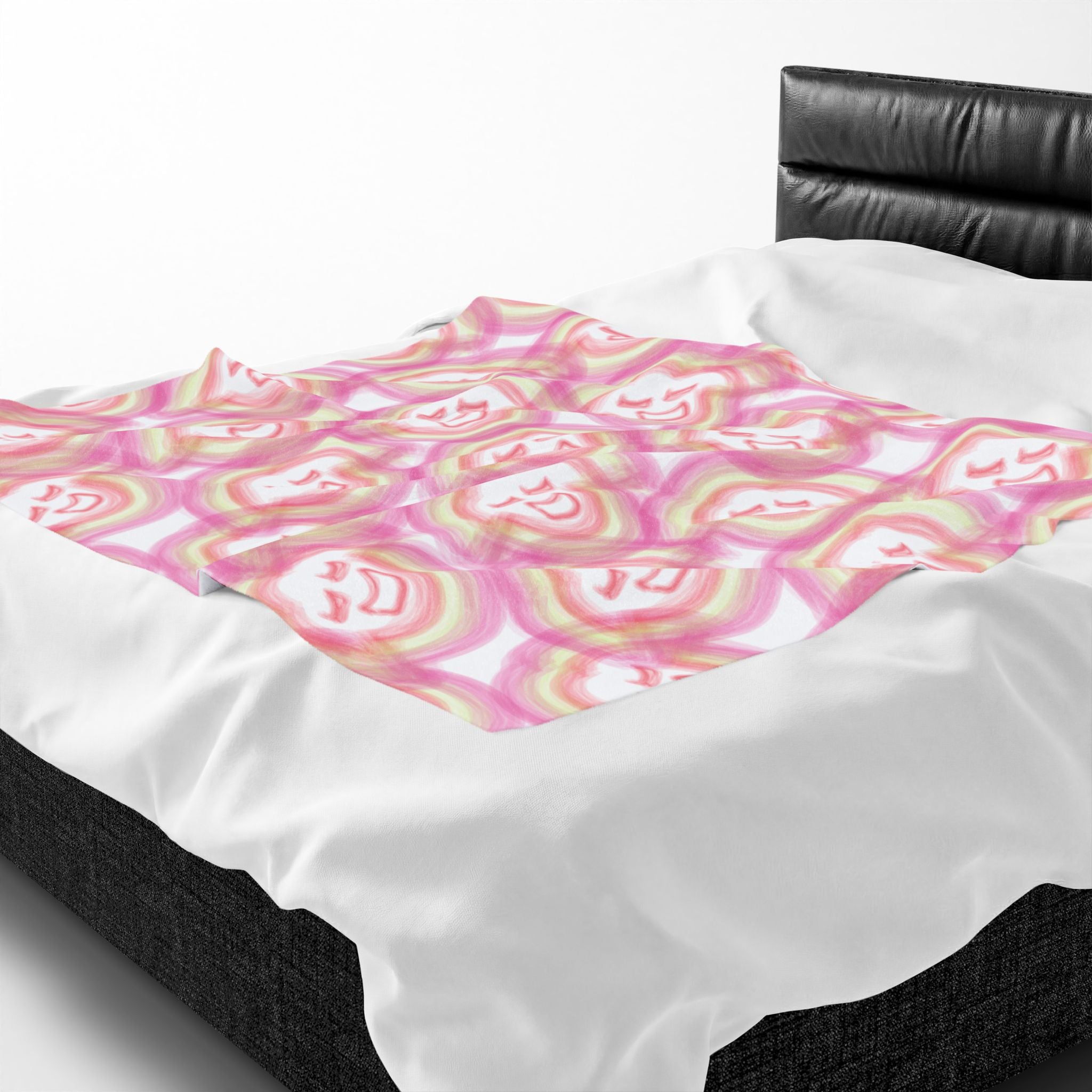 Smiling Rainbow Faces Velveteen Plush Blanket | Pink Watercolor Pattern