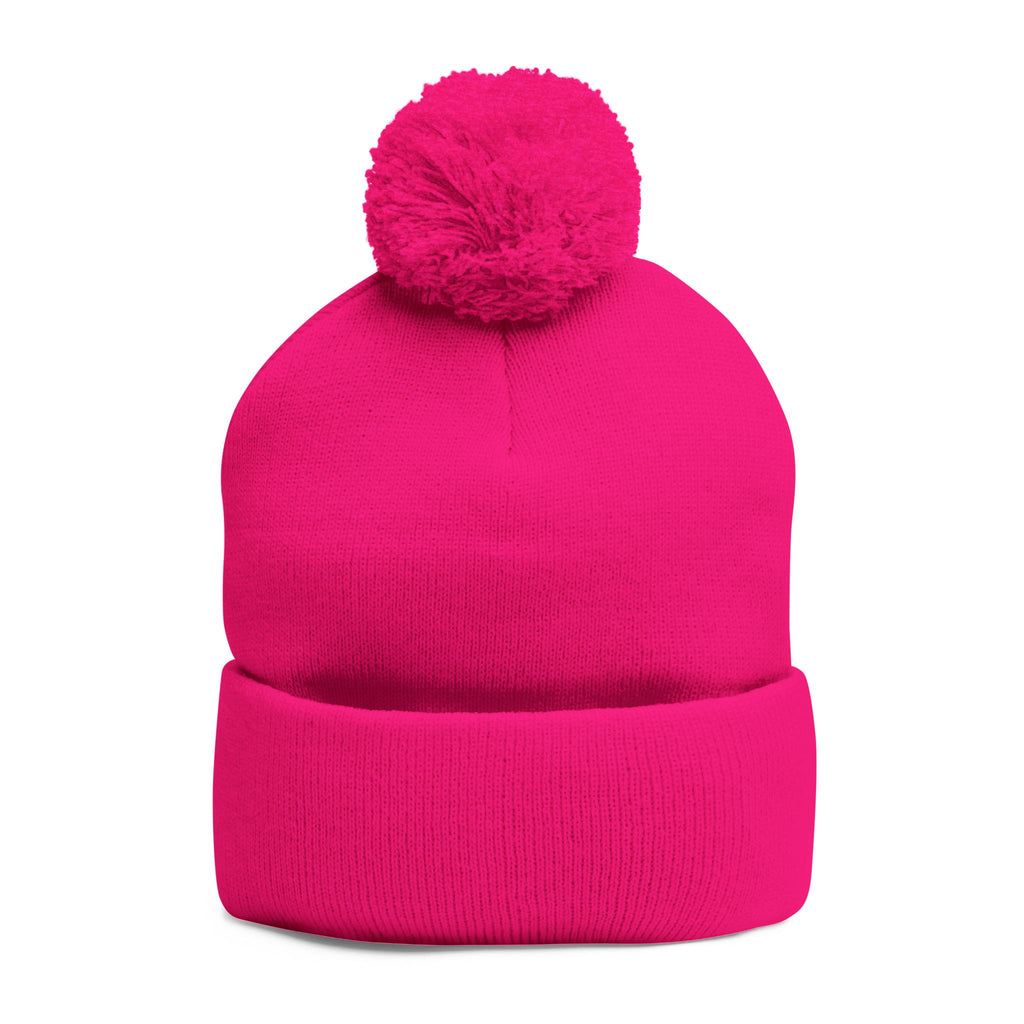 Cat Face Embroidery Beanie | Pom-Pom Knit Cap, Grey Fold-Over Cuff
