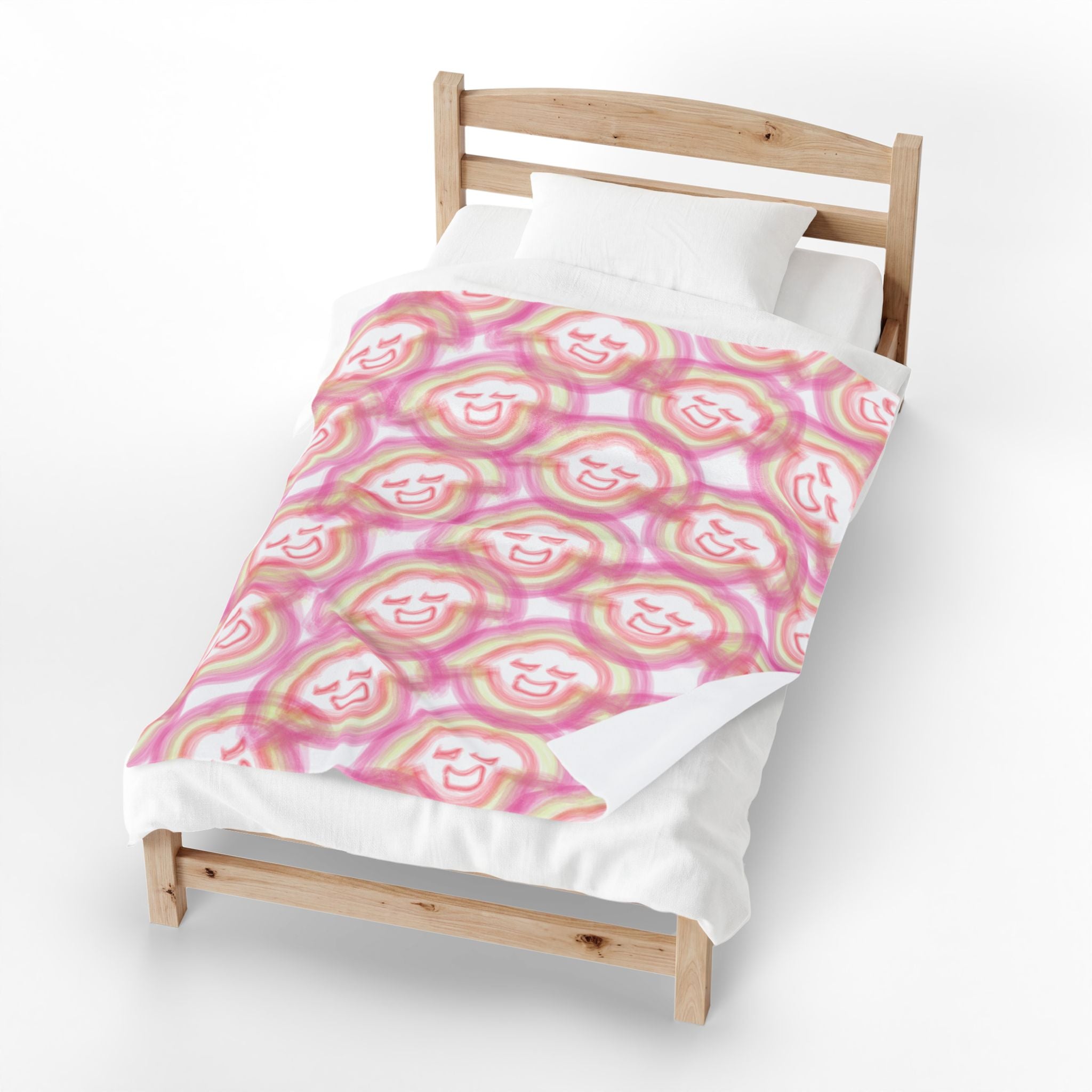 Smiling Rainbow Faces Velveteen Plush Blanket | Pink Watercolor Pattern