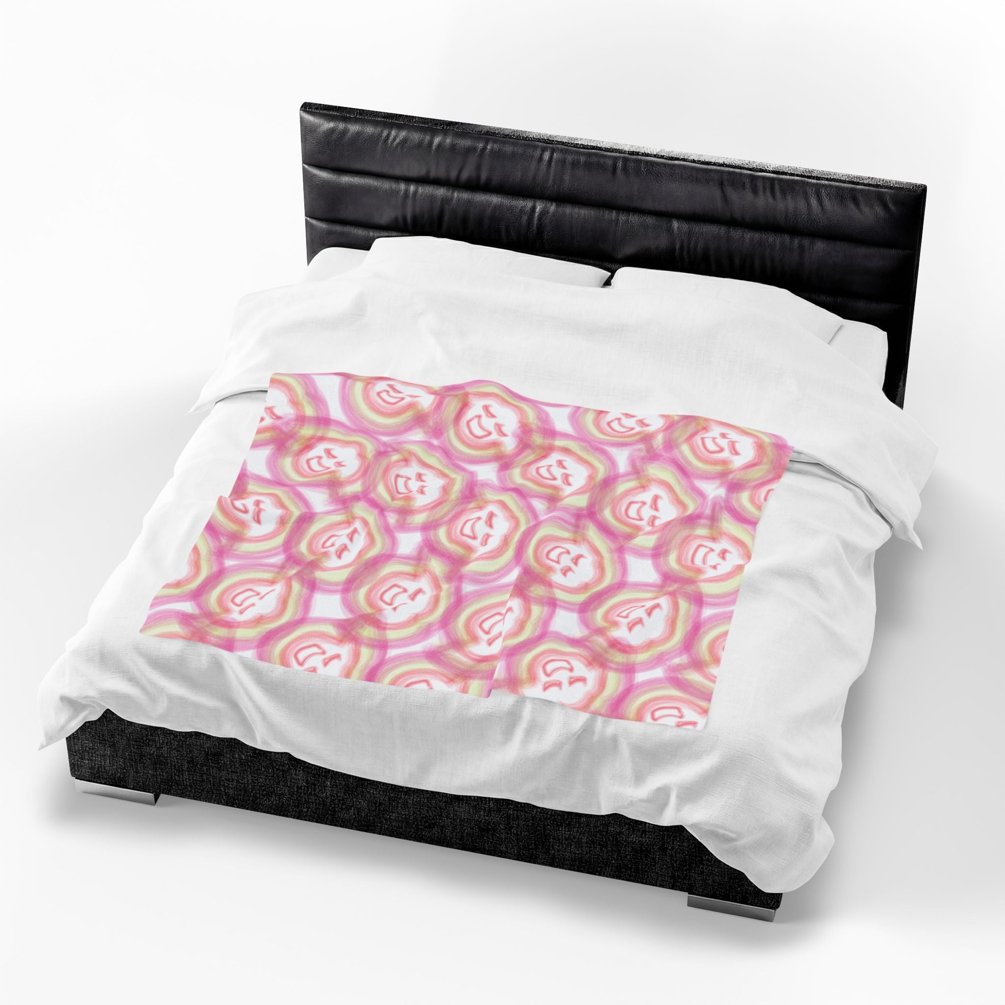 Smiling Rainbow Faces Velveteen Plush Blanket | Pink Watercolor Pattern