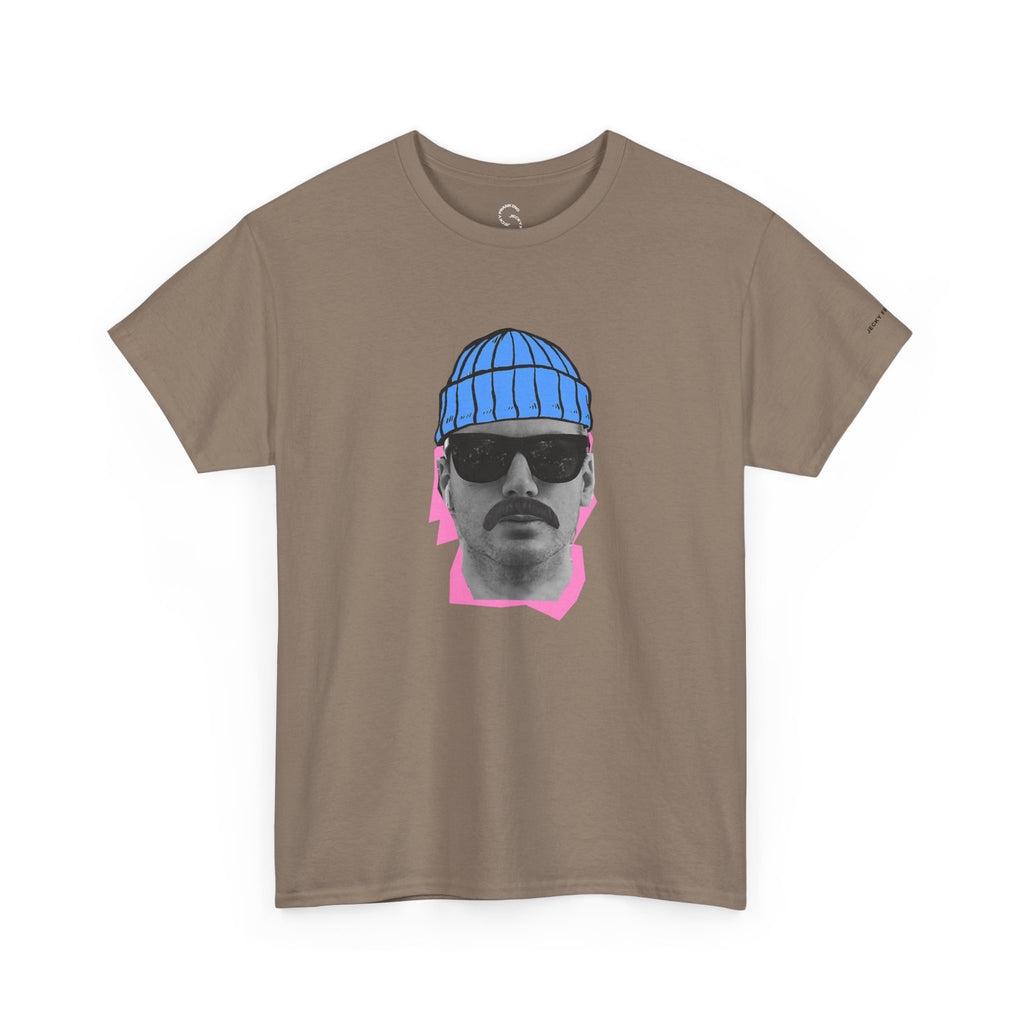 JF Mustached Man with BLU Beanie T-Shirt | Retro Portrait, Sunglasses, Vaporwave Accent