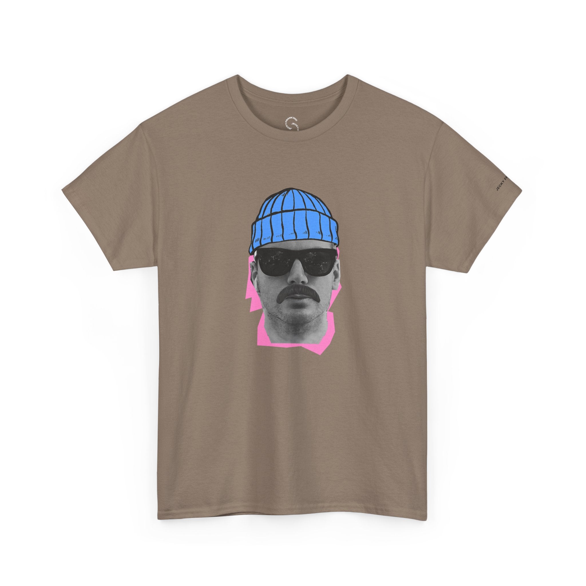JF Mustached Man with BLU Beanie T-Shirt | Retro Portrait, Sunglasses, Vaporwave Accent