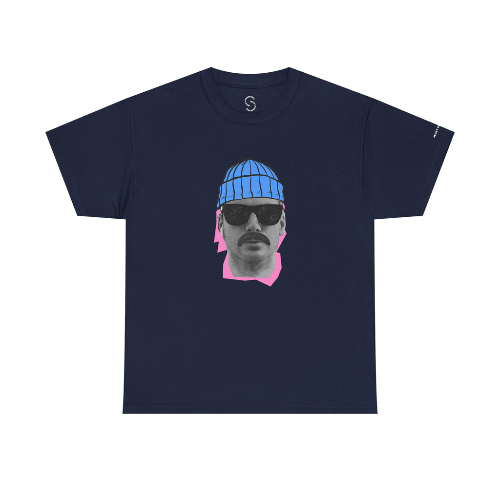 JF Mustached Man with BLU Beanie T-Shirt | Retro Portrait, Sunglasses, Vaporwave Accent