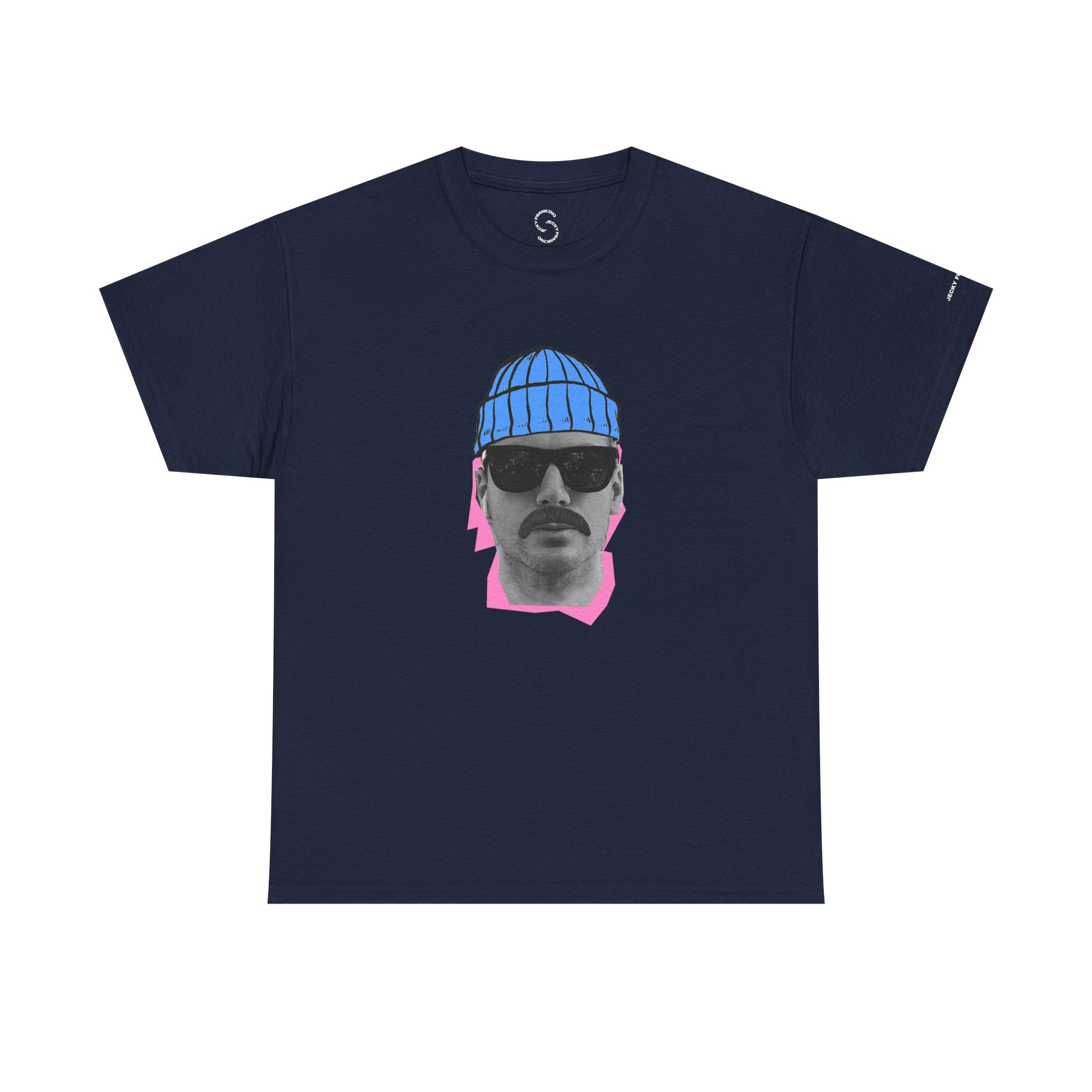 JF Mustached Man with BLU Beanie T-Shirt | Retro Portrait, Sunglasses, Vaporwave Accent