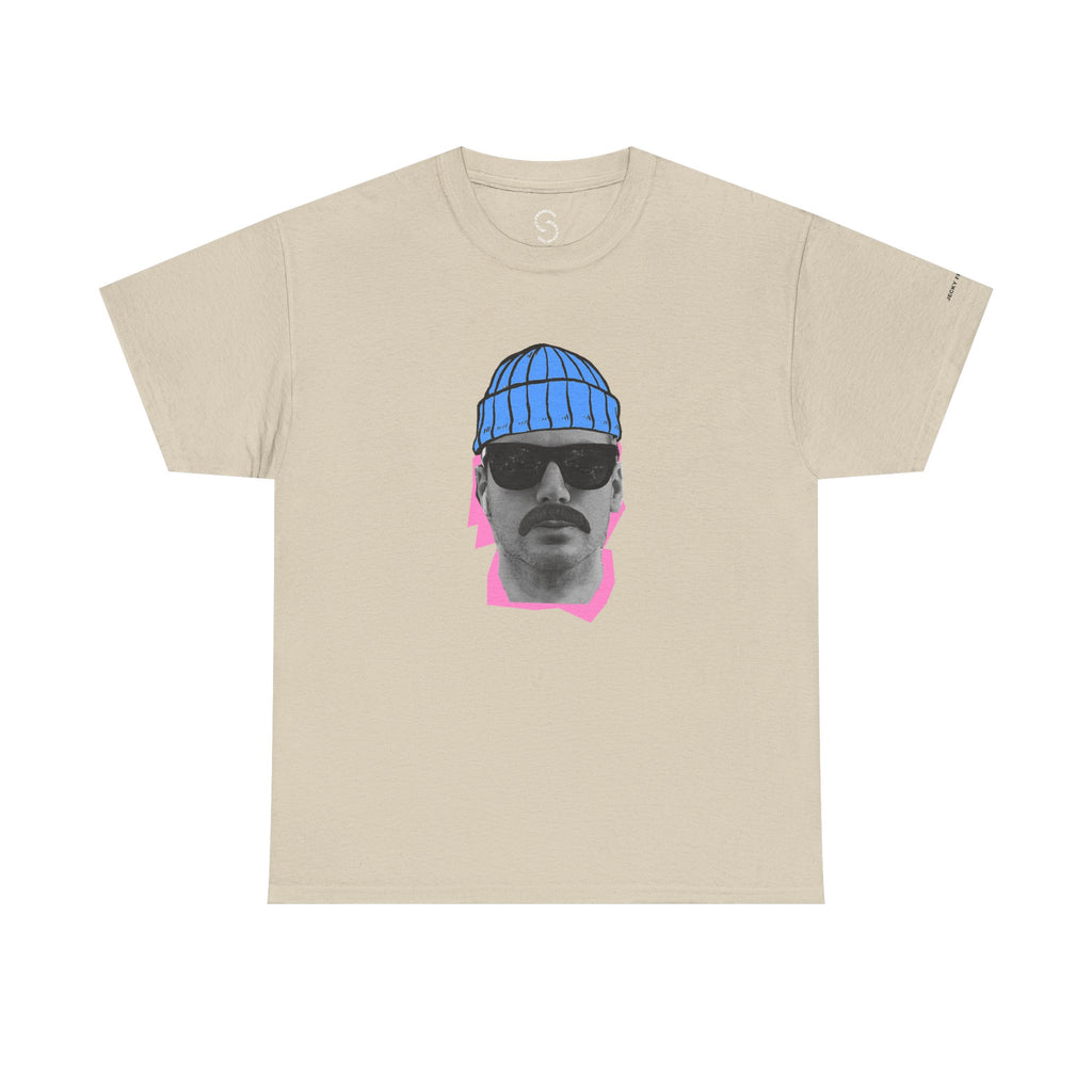 JF Mustached Man with BLU Beanie T-Shirt | Retro Portrait, Sunglasses, Vaporwave Accent