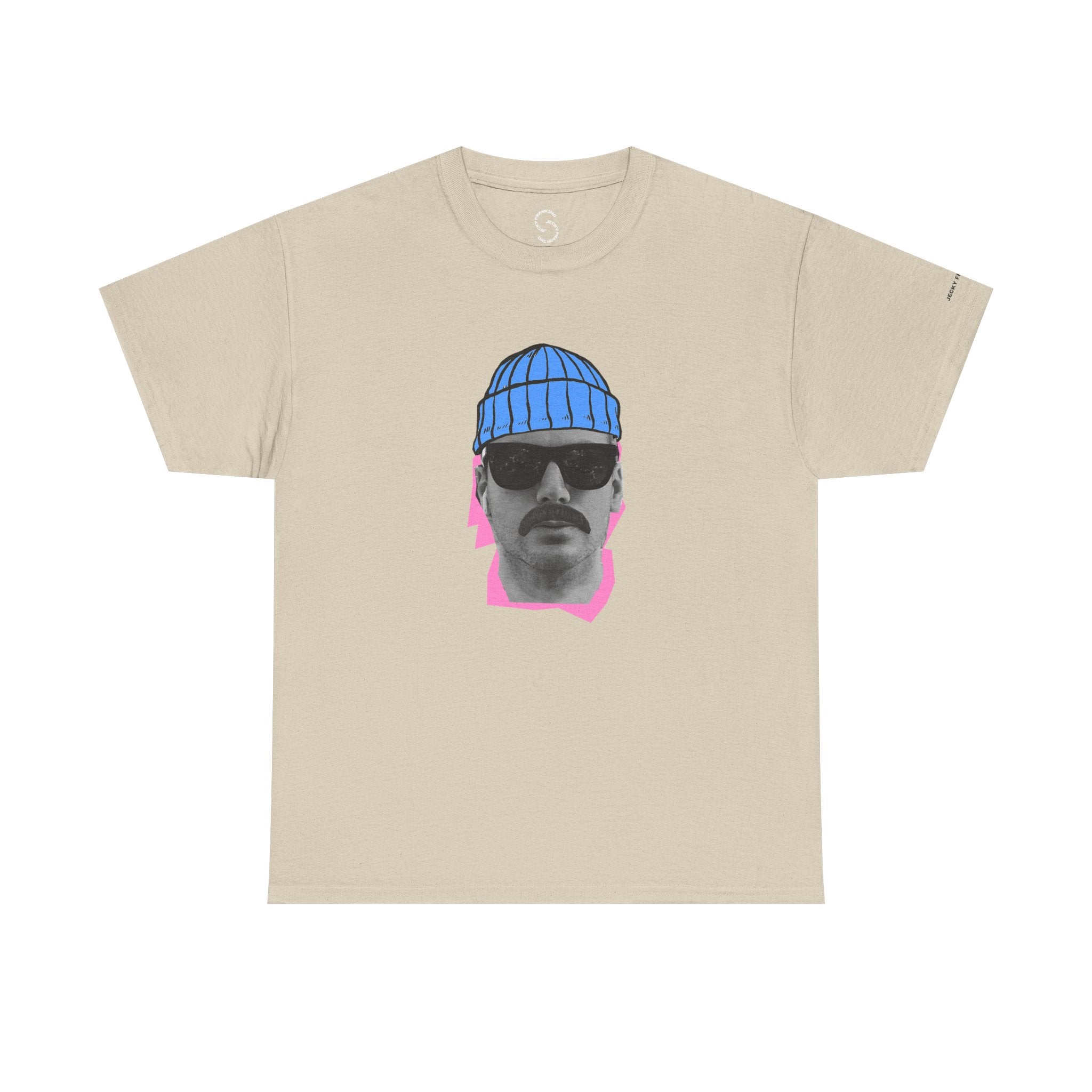 JF Mustached Man with BLU Beanie T-Shirt | Retro Portrait, Sunglasses, Vaporwave Accent