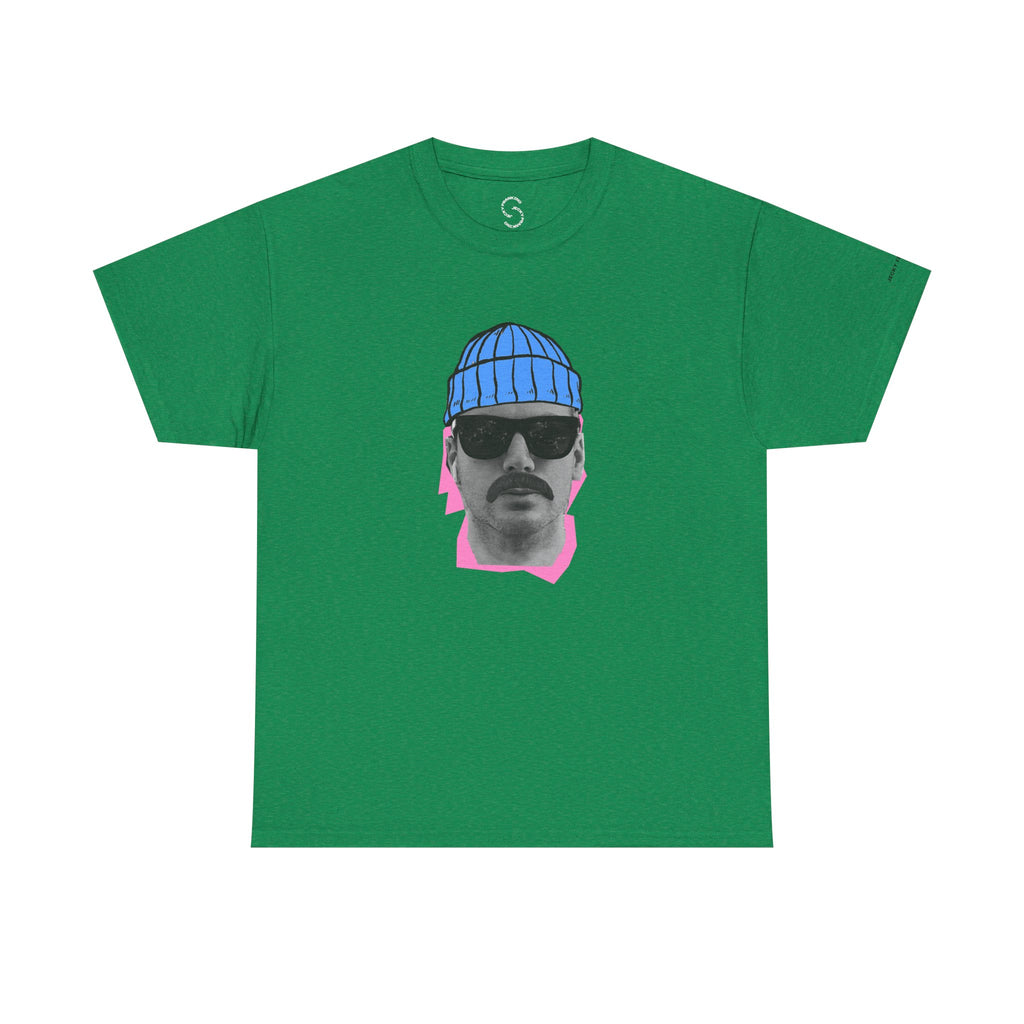 JF Mustached Man with BLU Beanie T-Shirt | Retro Portrait, Sunglasses, Vaporwave Accent