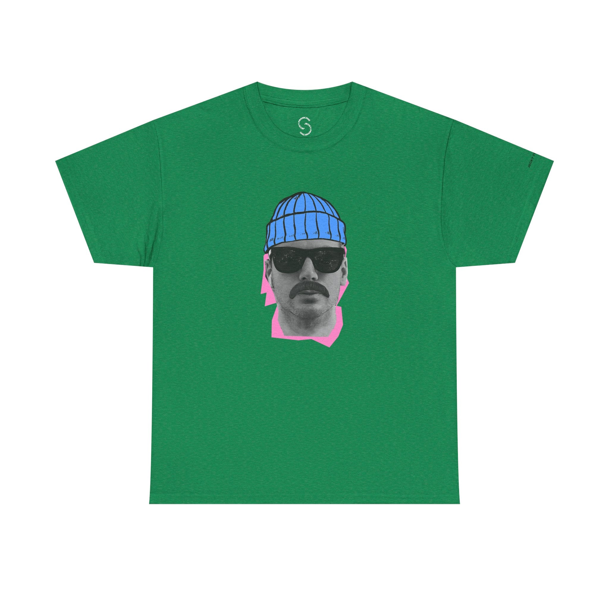 JF Mustached Man with BLU Beanie T-Shirt | Retro Portrait, Sunglasses, Vaporwave Accent