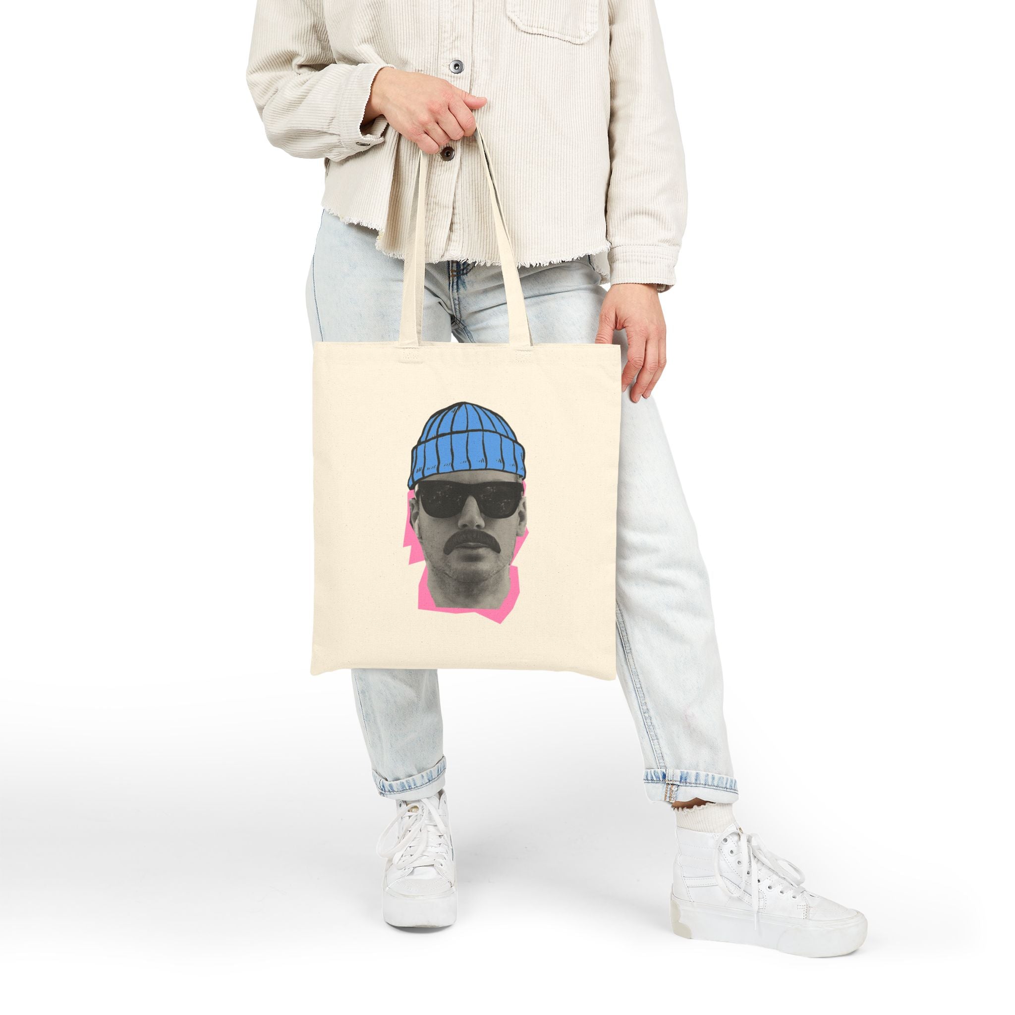 Bearded Man with Beanie Tote Bag | Retro Portrait, Sunglasses, Minimal Art