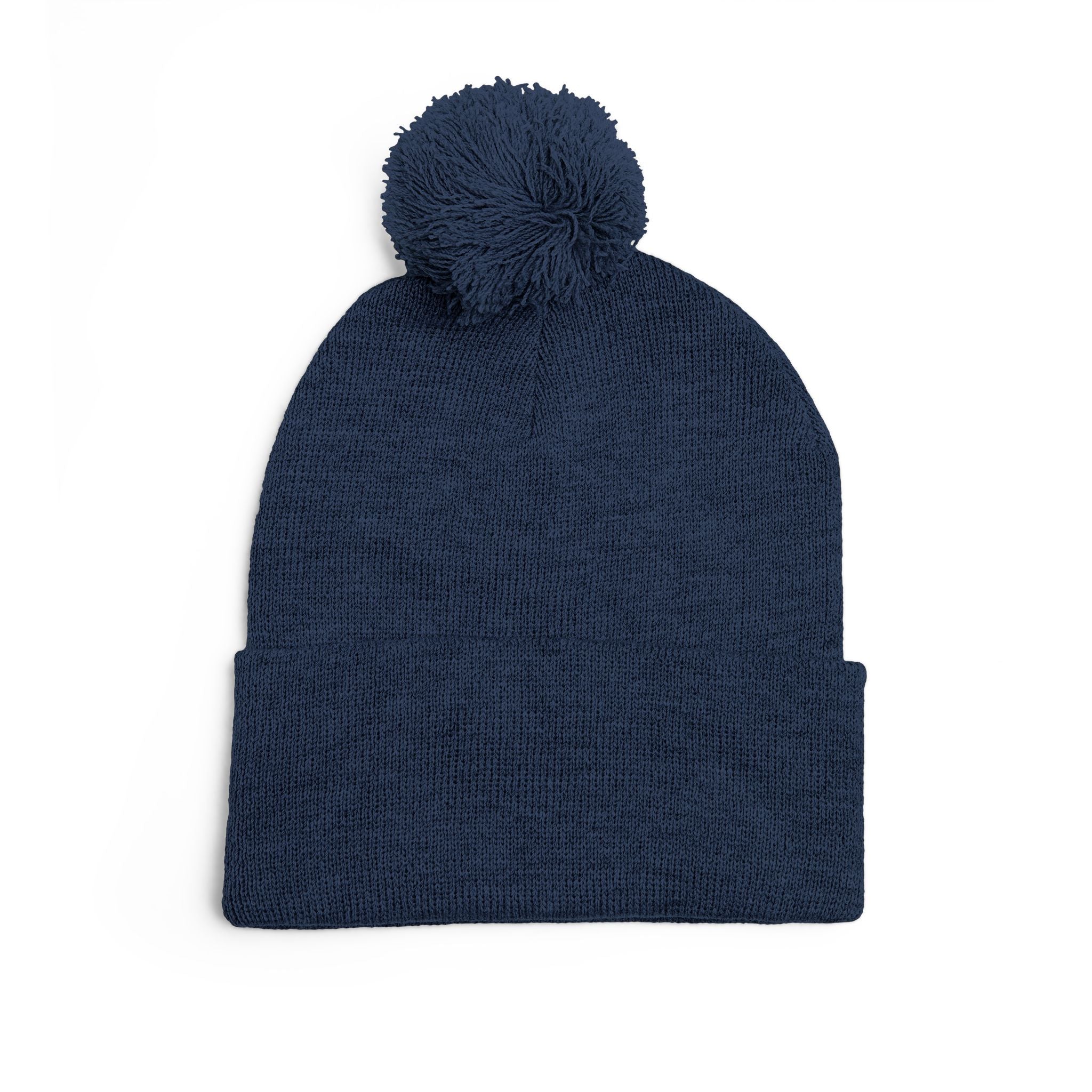 Cat Face Embroidery Beanie | Pom-Pom Knit Cap, Grey Fold-Over Cuff
