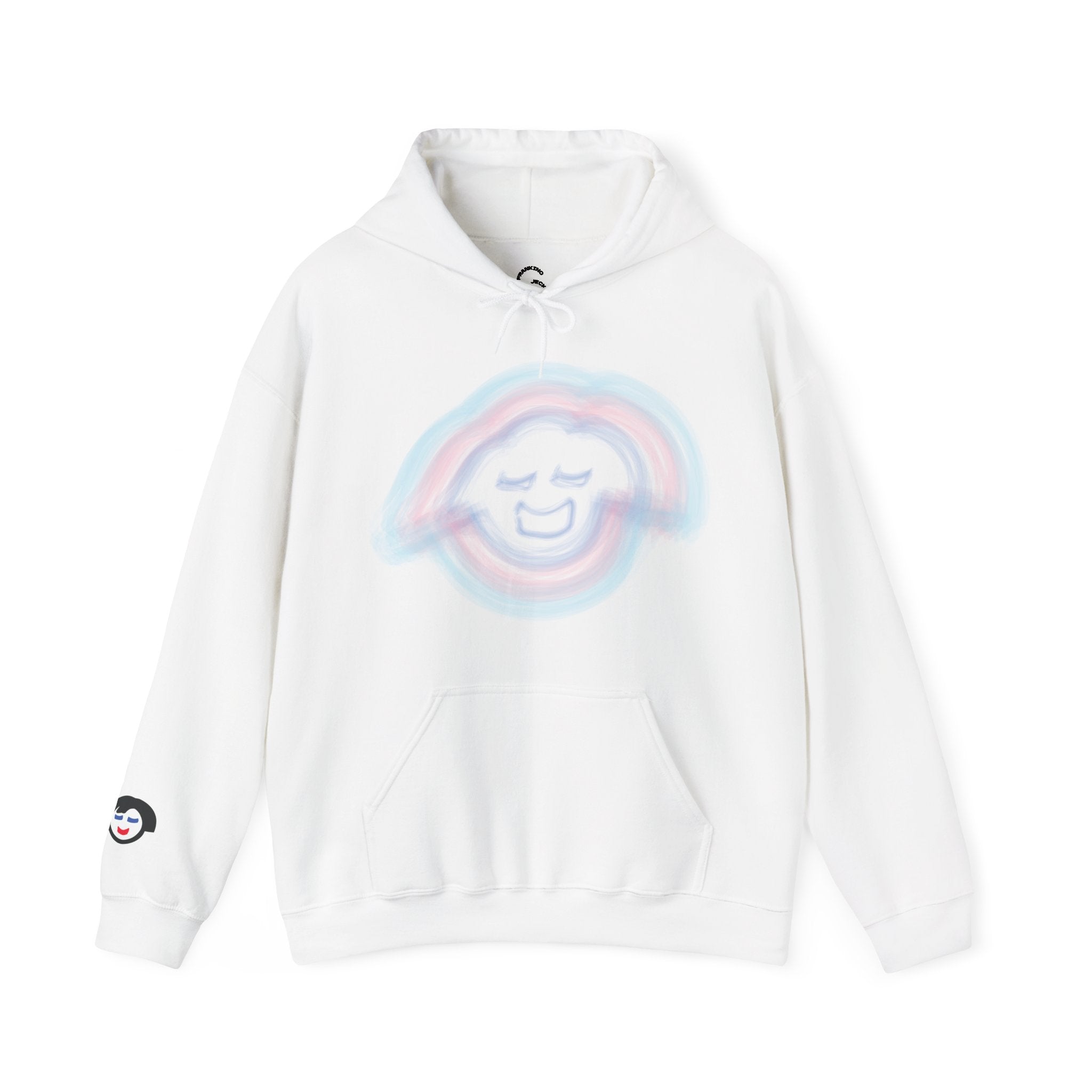 Smiling Rainbow Face JECKY FRANKINO Hoodie | Minimal Pastel Graphic Sweatshirt