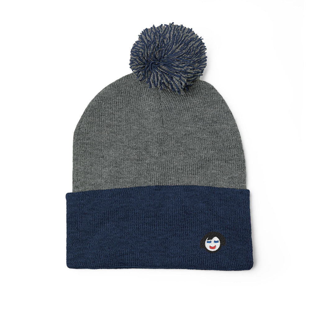 Cat Face Embroidery Beanie | Pom-Pom Knit Cap, Grey Fold-Over Cuff