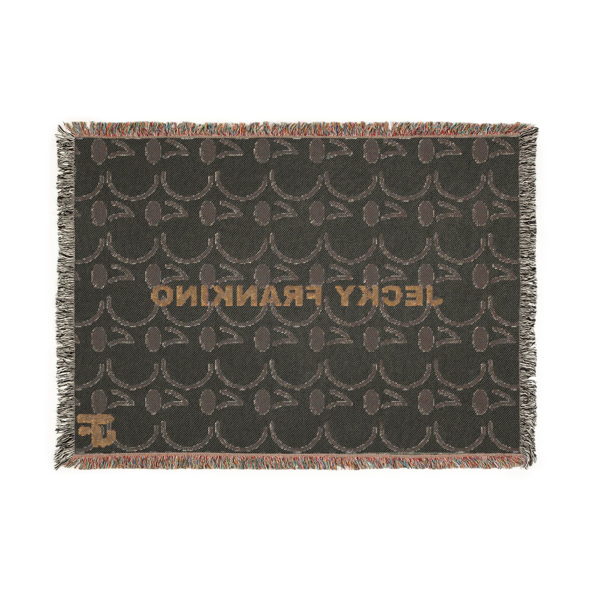 Smiling JECKY FRANKINO Face Woven Blanket | Repeating Skull Design, Neutral Tones