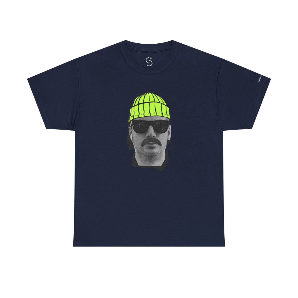 Mustached Man JF FACE with Beanie T-Shirt | Retro Portrait, Sunglasses, Vaporwave Accent