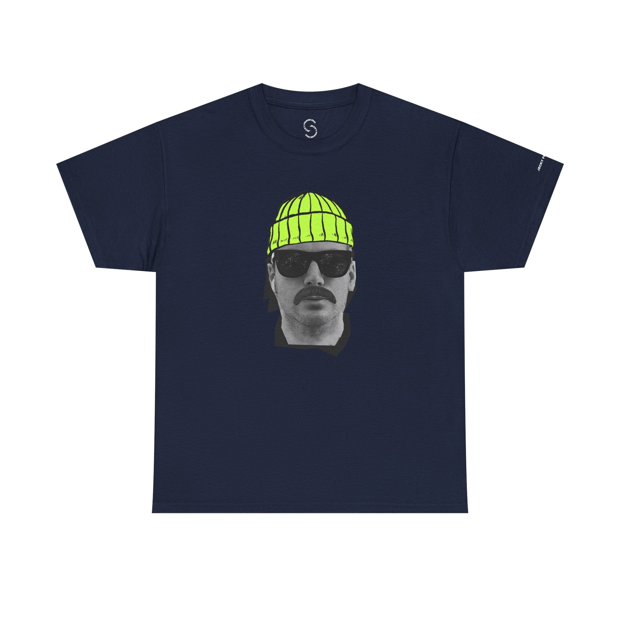 Mustached Man JF FACE with Beanie T-Shirt | Retro Portrait, Sunglasses, Vaporwave Accent
