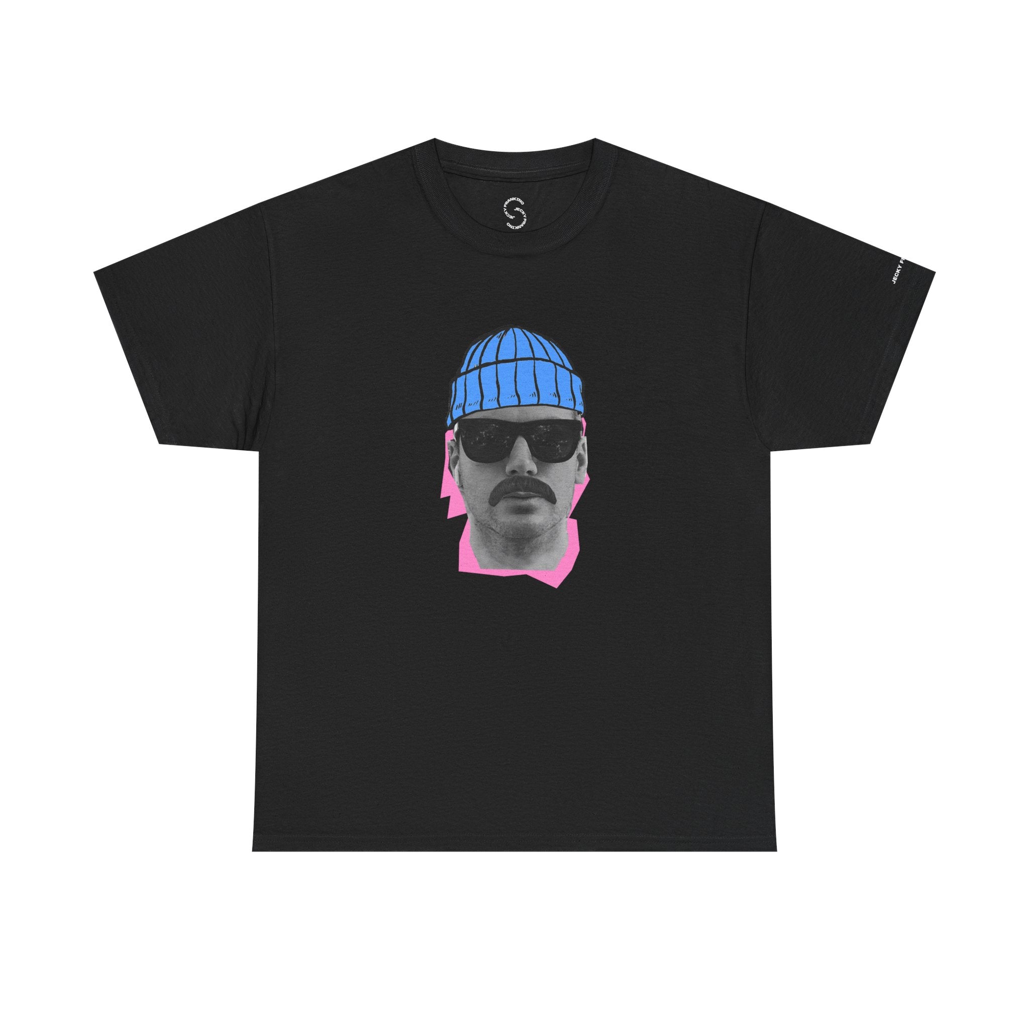 JF Mustached Man with BLU Beanie T-Shirt | Retro Portrait, Sunglasses, Vaporwave Accent