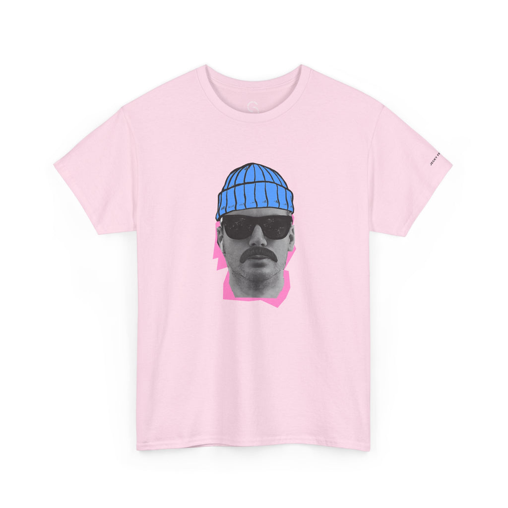JF Mustached Man with BLU Beanie T-Shirt | Retro Portrait, Sunglasses, Vaporwave Accent